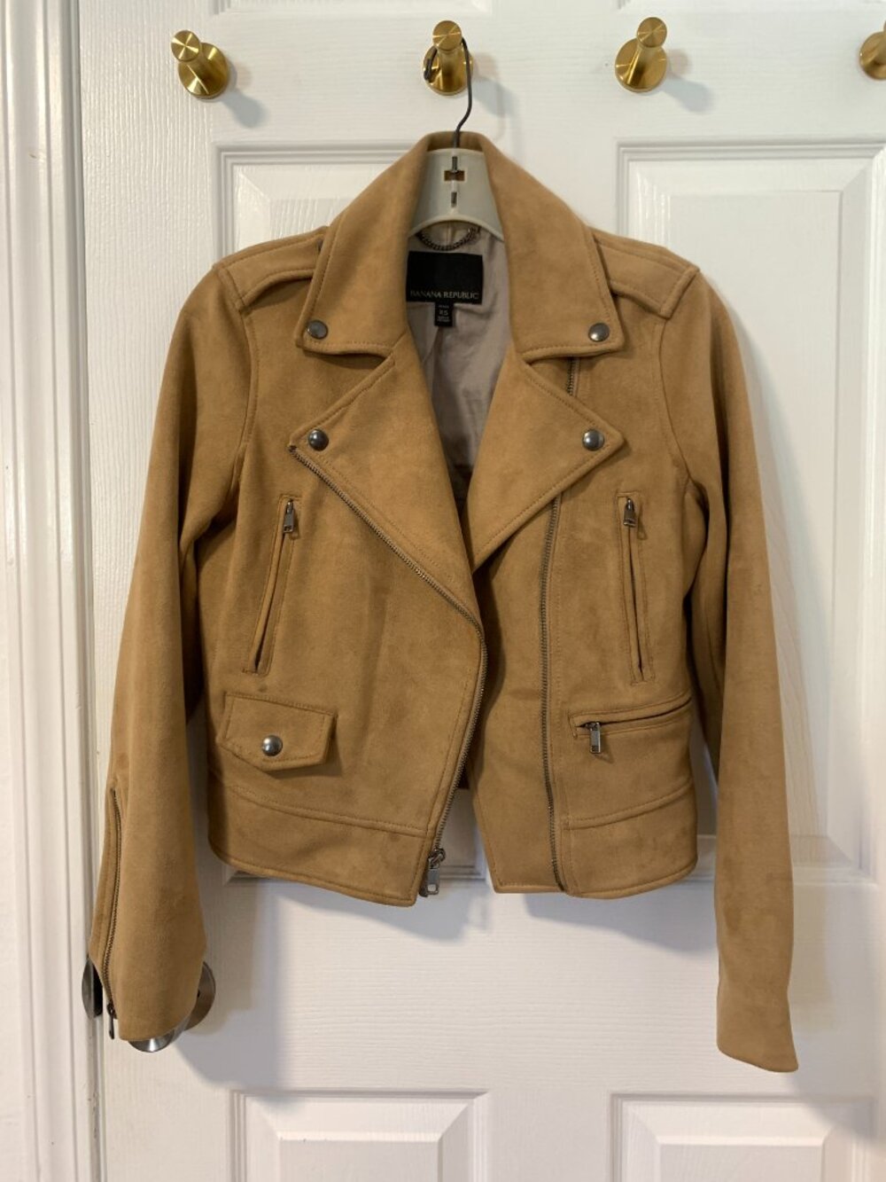 Banana Republic Vegan Suede Moto Jacket XS Petite | Camel, Tan | Silver Hardware